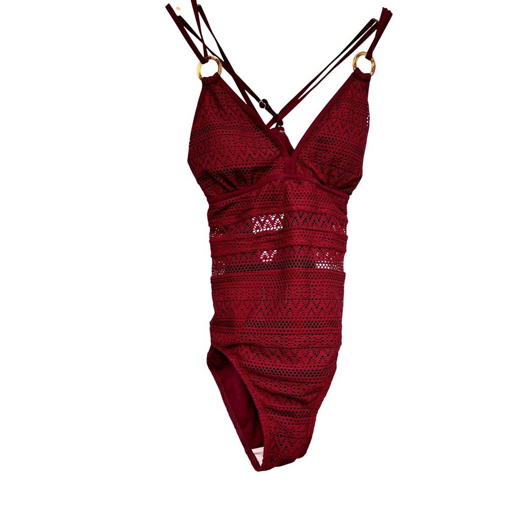 NWT Charmo Womens Burgundy Crochet Lace One Piece Swimsuit UPF 50+ Size Med